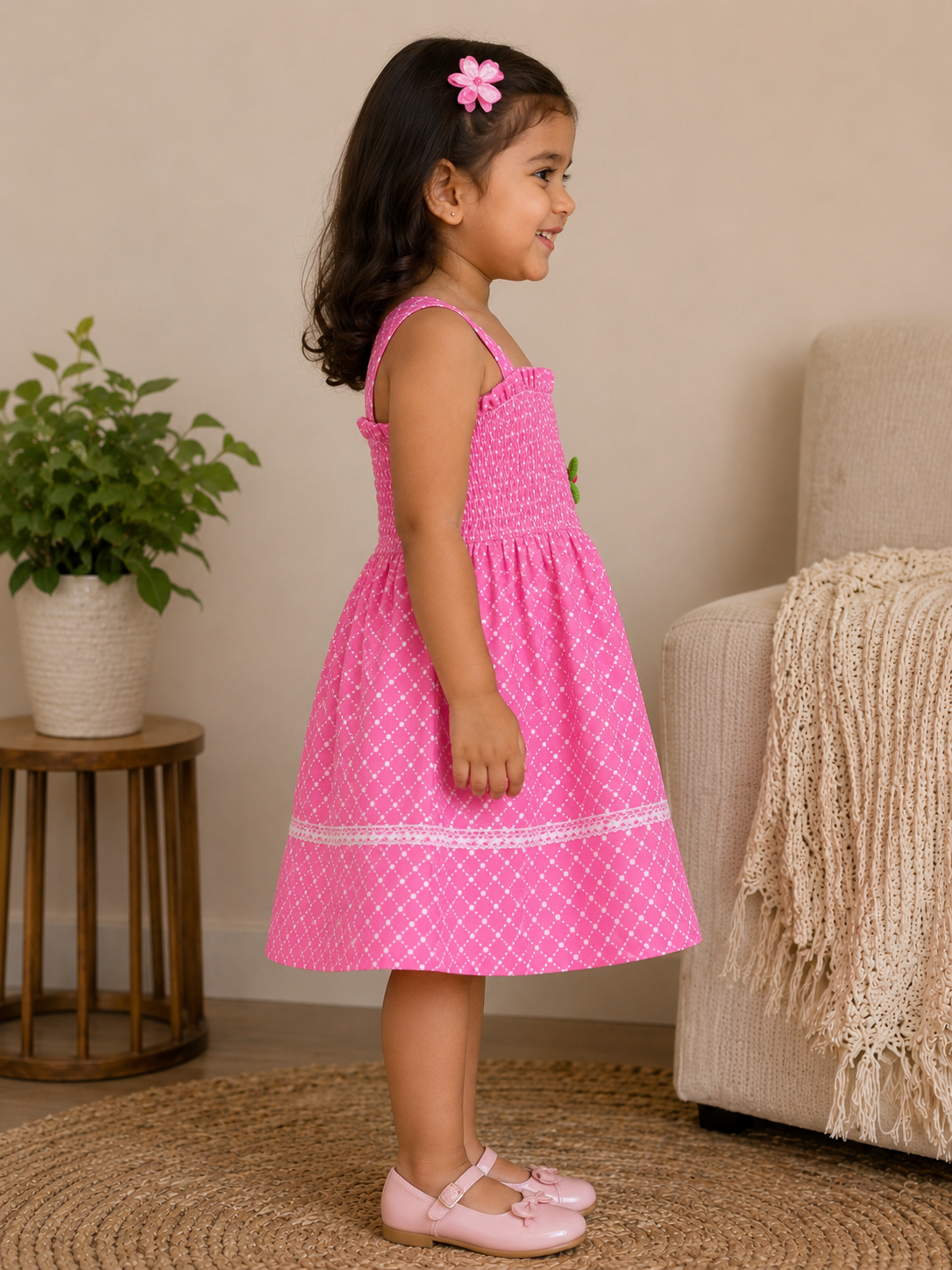 Me&Messy Girls Pink Smocked Fit & Flare Dress with Lace Detail - Image 2