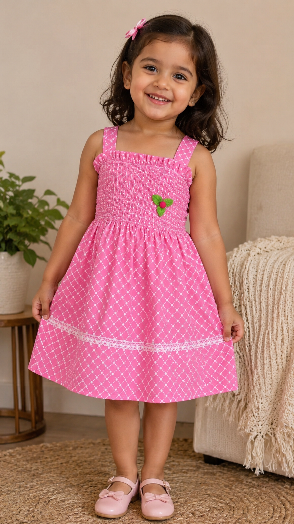 Me&Messy Girls Pink Smocked Fit & Flare Dress with Lace Detail - Image 3