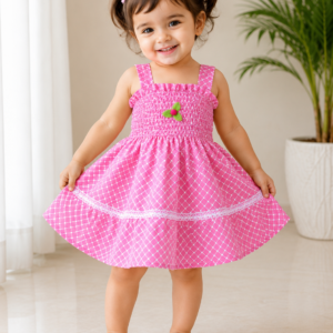 Me&Messy Girls Pink Smocked Fit & Flare Dress with Lace Detail