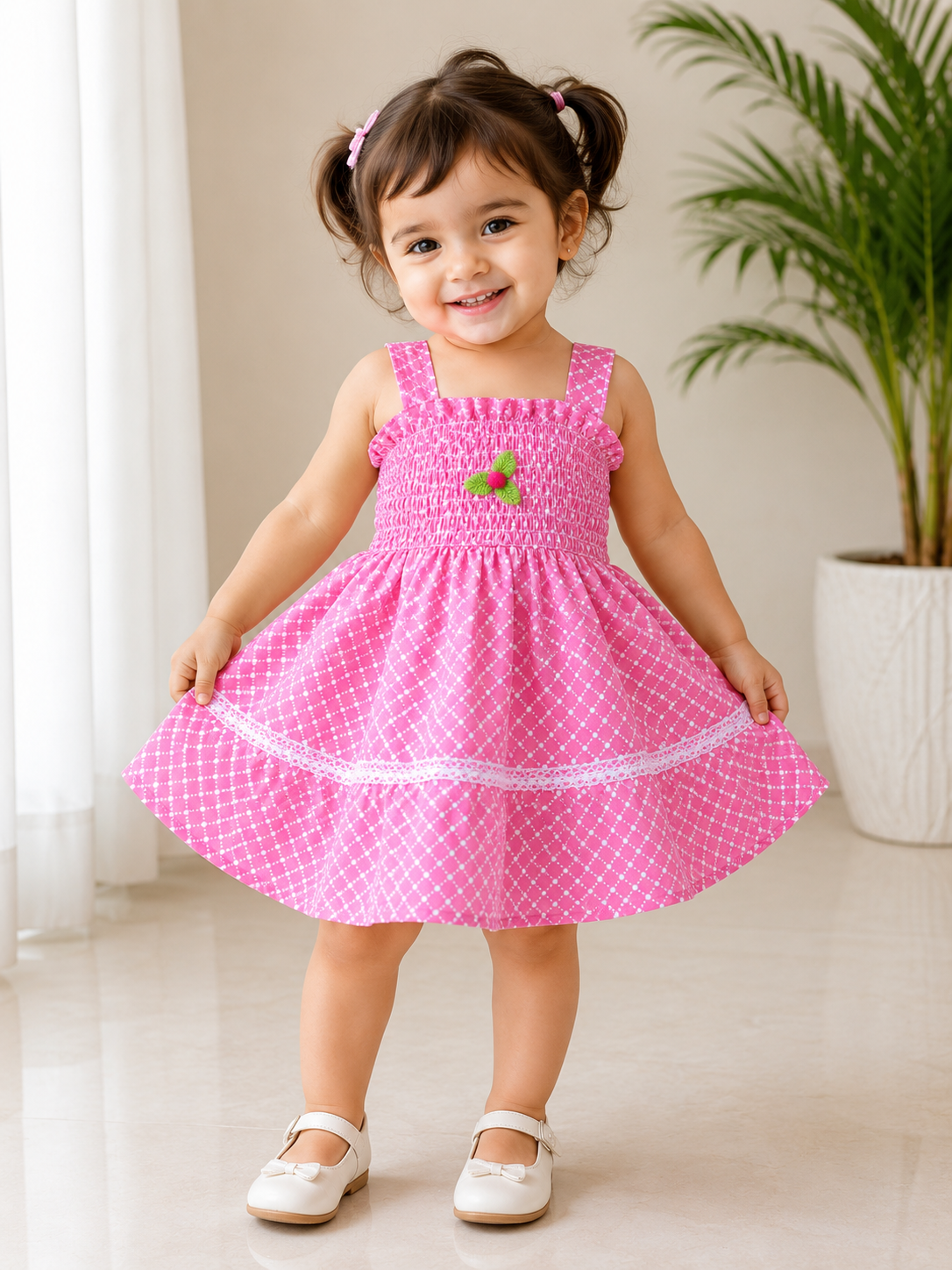Me&Messy Girls Pink Smocked Fit & Flare Dress with Lace Detail
