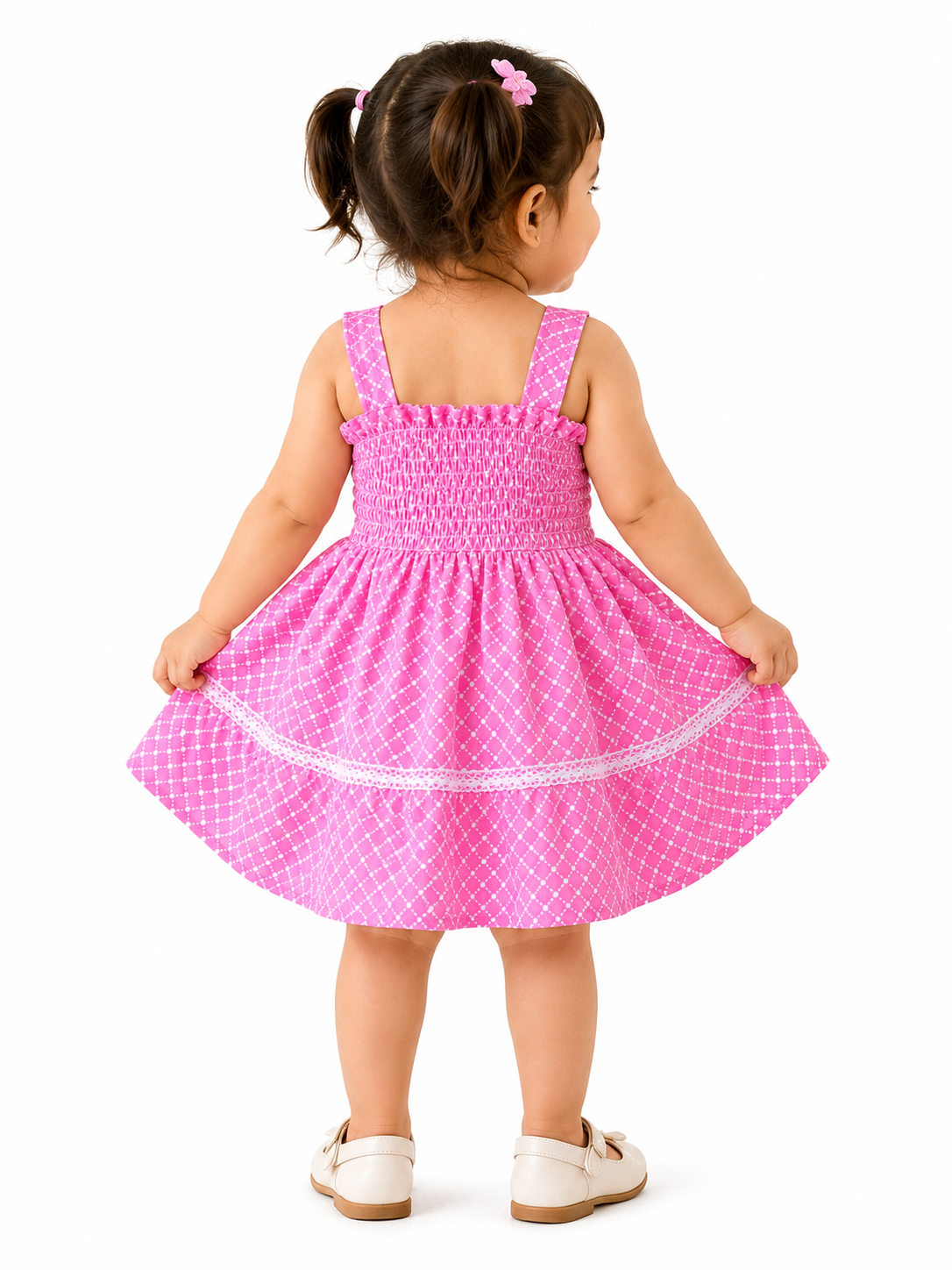 Me&Messy Girls Pink Smocked Fit & Flare Dress with Lace Detail - Image 6