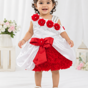 Baby Girls White & Red Floral One-Shoulder Party Dress with Bow