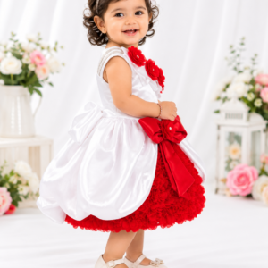 Alternative view of Baby Girls White & Red Floral One-Shoulder Party Dress with Bow