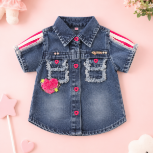 Blue Denim Shirt with  Pant Pink Heart Patch & Cold Shoulder Design