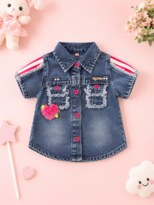 Blue Denim Shirt with  Pant Pink Heart Patch & Cold Shoulder Design