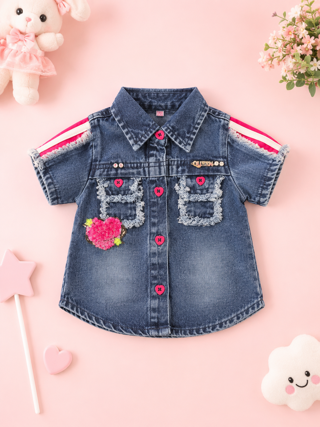 Blue Denim Shirt with Pant Pink Heart Patch & Cold Shoulder Design