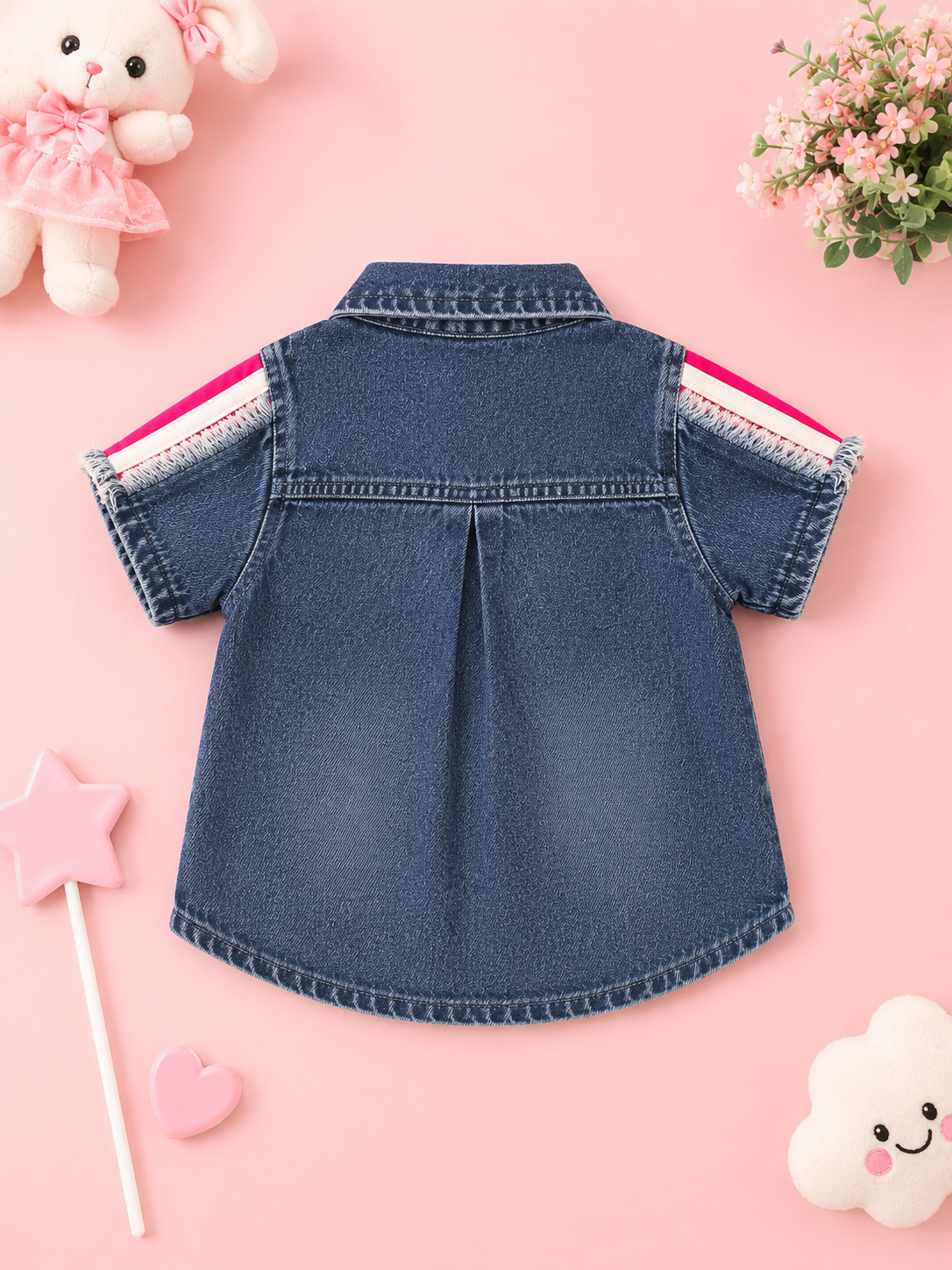 Blue Denim Shirt with Pant Pink Heart Patch & Cold Shoulder Design - Image 3
