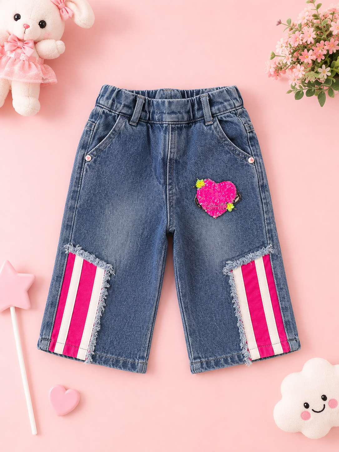 Blue Denim Shirt with Pant Pink Heart Patch & Cold Shoulder Design - Image 4