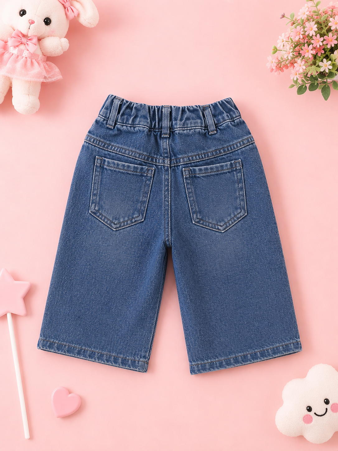 Blue Denim Shirt with Pant Pink Heart Patch & Cold Shoulder Design - Image 5