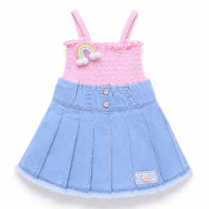 Alternative view of Baby Girls Pink Smocked Top with Denim Pleated Dress