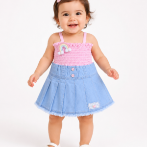Baby Girls Pink Smocked Top with Denim Pleated Dress