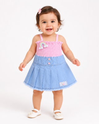 Baby Girls Pink Smocked Top with Denim Pleated Dress