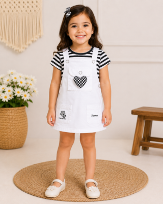 Me & Messy Girls White Pinafore Dress with Striped T-Shirt | 2-Piece Cotton Dungaree Dress Set | Casual & Party Wear for Girls
