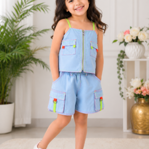 Girls Sky Blue Co-Ord Set | Sleeveless Crop Top & Cargo Shorts | Trendy Summer Outfit for Kids