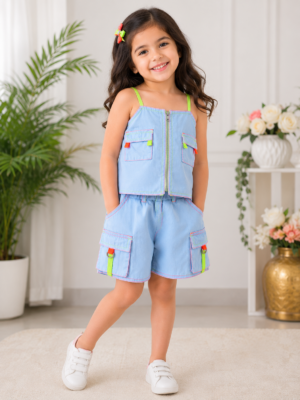Girls Sky Blue Co-Ord Set | Sleeveless Crop Top & Cargo Shorts | Trendy Summer Outfit for Kids