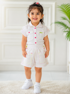 Me & Messy Girls White Cotton Co-Ord Set | Half Sleeve Shirt & Cargo Shorts | Stylish Summer Outfit for Girls