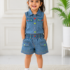 Me & Messy Girls Denim Co-Ord Set | Sleeveless Button-Down Top with Cargo Pocket Shorts | Stylish Casual Outfit for Girls