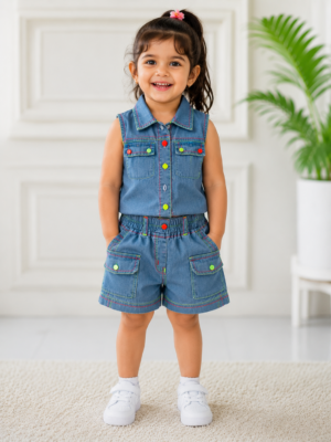 Me & Messy Girls Denim Co-Ord Set | Sleeveless Button-Down Top with Cargo Pocket Shorts | Stylish Casual Outfit for Girls
