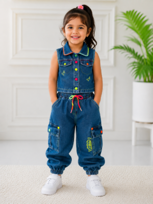 Me & Messy Girls Dark Denim Co-Ord Set | Sleeveless Crop Jacket & Cargo Jogger Pants | Premium Casual Wear for Girls